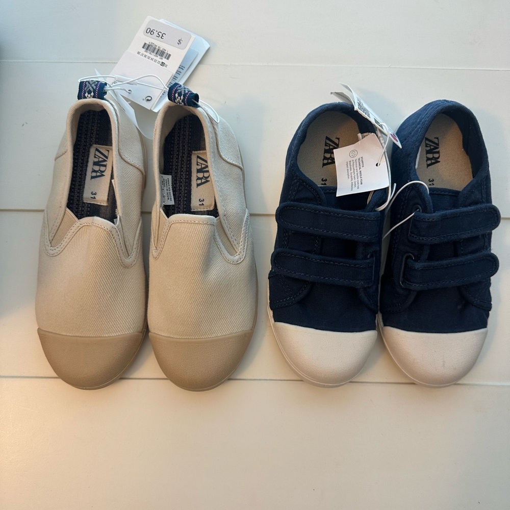 NWT - TWO Pairs of Zara Kids Beige and Navy Shoes Sneakers Set Size 31